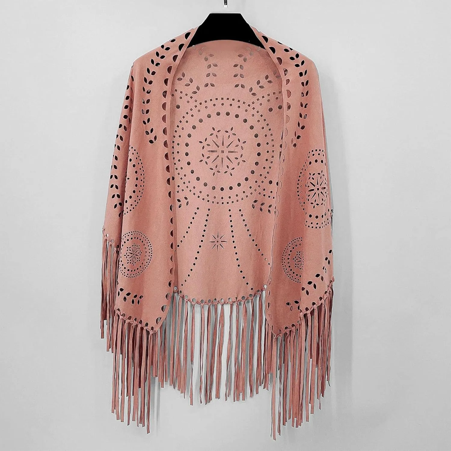 JOAU Suede Hollow Out Shawl Wraps for Women Open Front Ethnic Western Cowgirl Cardigan Capelet with Tassel Vintage Cape