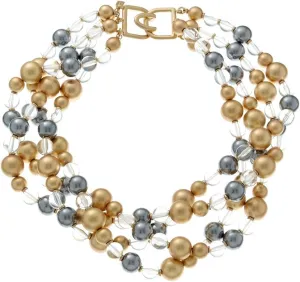 Kenneth Jay Lane-4 ROW SATIN GOLD-GRAY PEARL & CLEAR BEAD NECKLACE