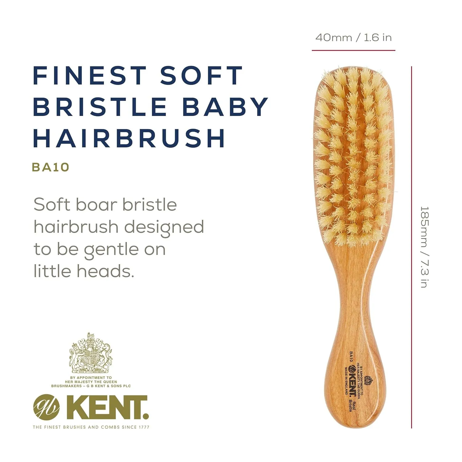 Kent BA10 Newborn Baby Hair Brush with Soft 100% Pure White Natural Bristle, Cradle Cap Hairbrush for Infant, Toddler and Kids with Cherrywood Base. Encourages Growth and Shine, Made in England
