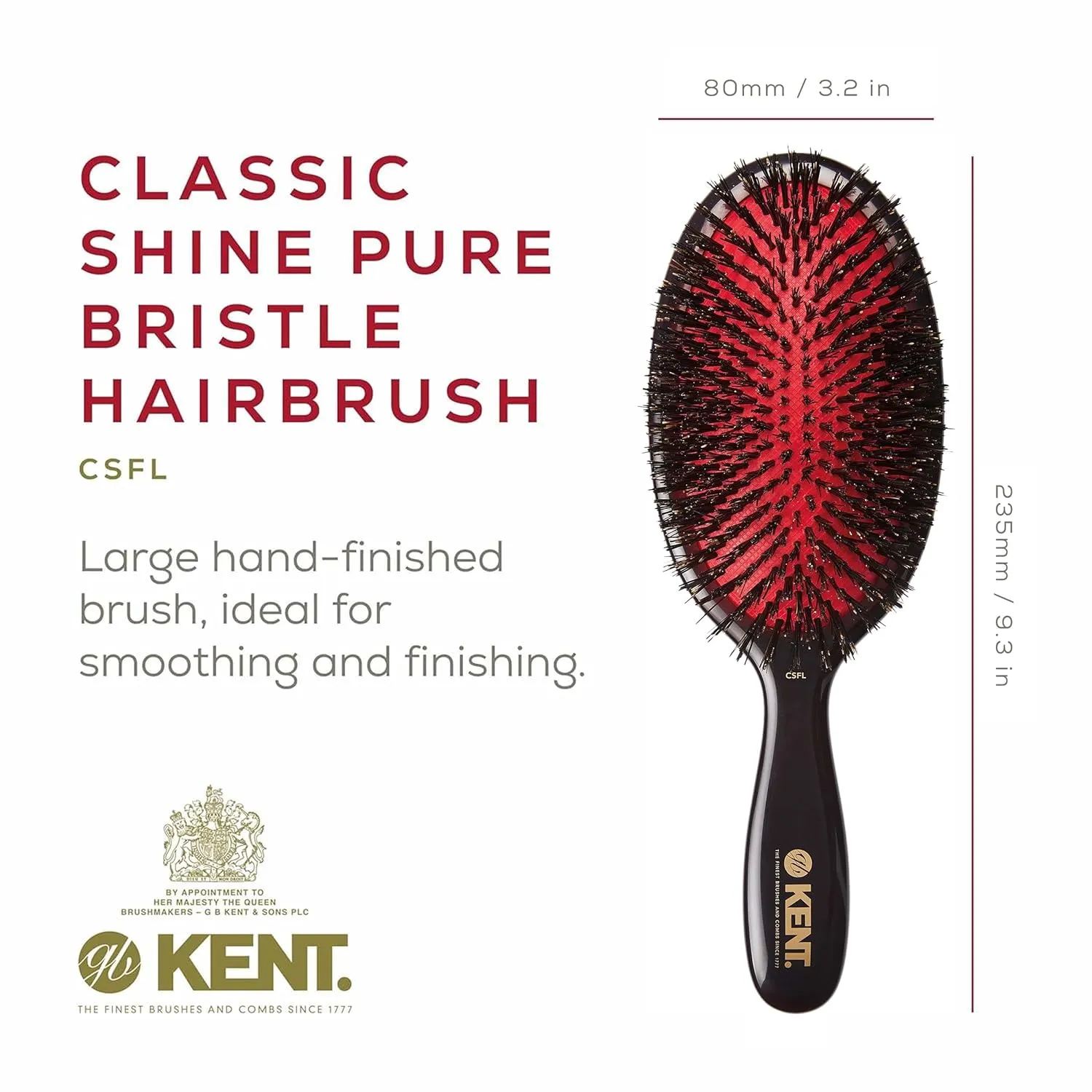 Kent CSFL Classic Shine Large Oval Cushion Straightening Brush and Hair Detangler - Natural Black Boar Bristle Hair Brush - Shine Hair Brush and Scalp Scrubber for Long Thick Hair   Hairbrush Cleaner