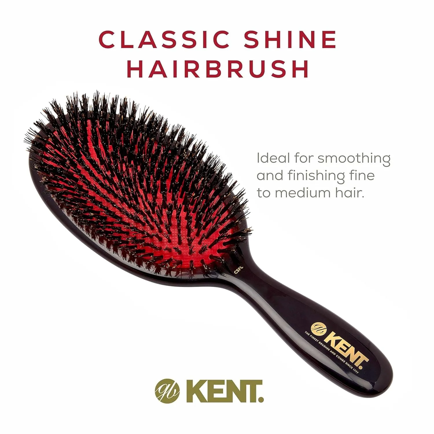 Kent CSFL Classic Shine Large Oval Cushion Straightening Brush and Hair Detangler - Natural Black Boar Bristle Hair Brush - Shine Hair Brush and Scalp Scrubber for Long Thick Hair   Hairbrush Cleaner