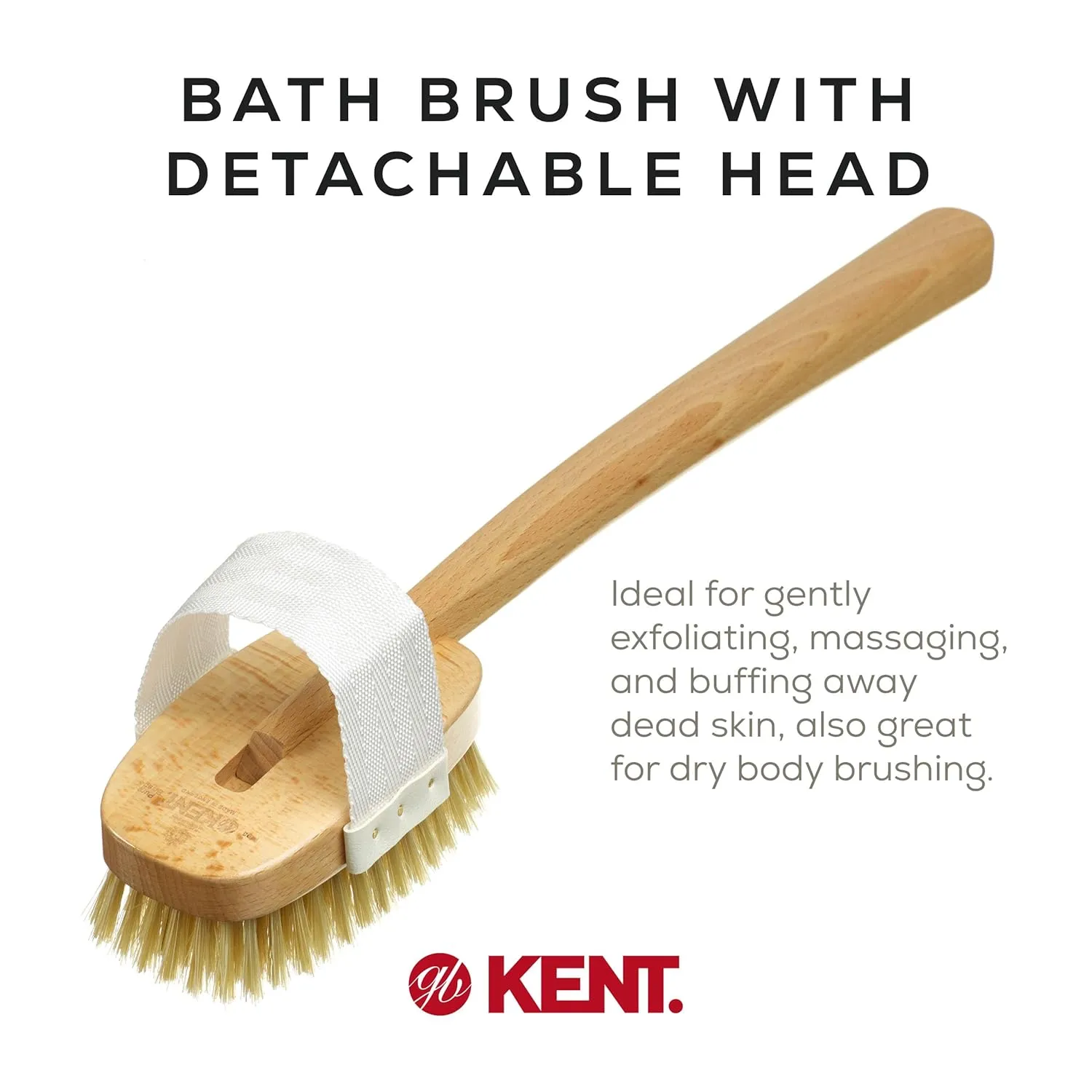 Kent FD3 Luxury Beechwood Body Scrubbing Exfoliating Bath/Shower Brush with 100% Pure White Bristle. Long Handle with Detachable Head, Wet/Dry Back and Skin Brushing, Body Exfoliator. Made in England