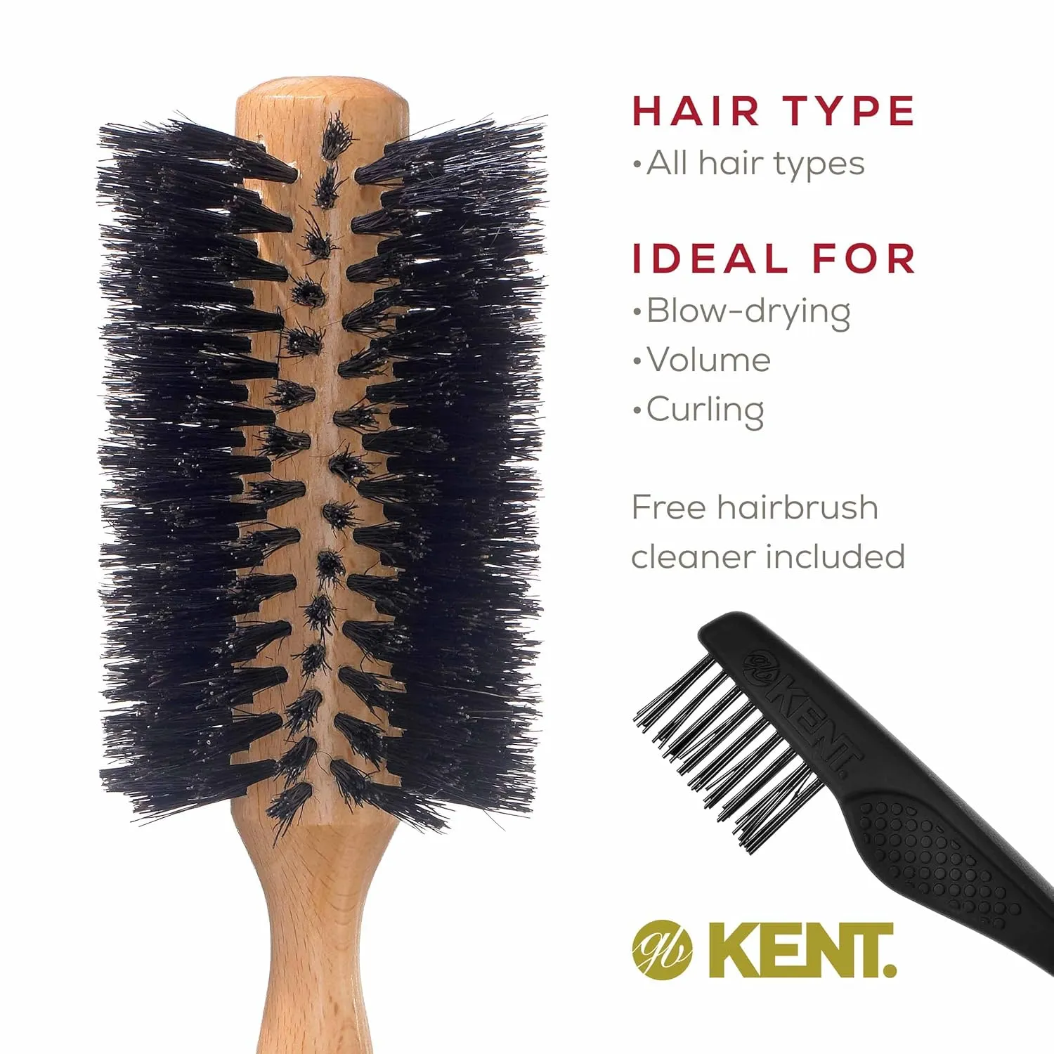 Kent LBR2 Finest Hair Brushes for Women Blow Dry Brush Made of Beechwood -Spiral Radial Boar Bristle Hairbrush for Short or Shaped Hair - Royal Salon Style Straightening Pure Wood Brush from Kent