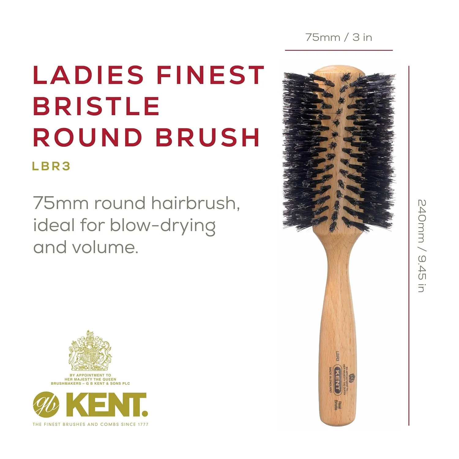Kent LBR3 Finest Hair Brushes for Women Blow Dry Brush Made of Beechwood - Spiral Radial Boar Bristle Hairbrush for Long and Thick Hair - Royal Salon Style Straightening Pure Wood Brush from Kent