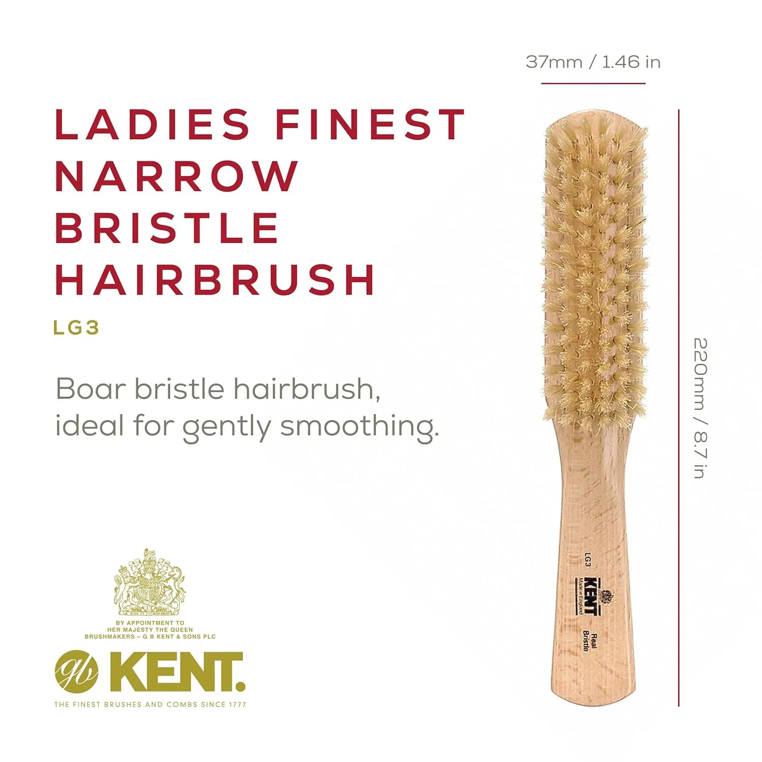 Kent LG3 Finest Hair Brushes for Women - Natural Beechwood and Boar Bristle Narrow Hairbrush for Fine or Medium Thickness Hair All Lengths - Dry Brush for Styling, Straightening, and Stimulating Oils