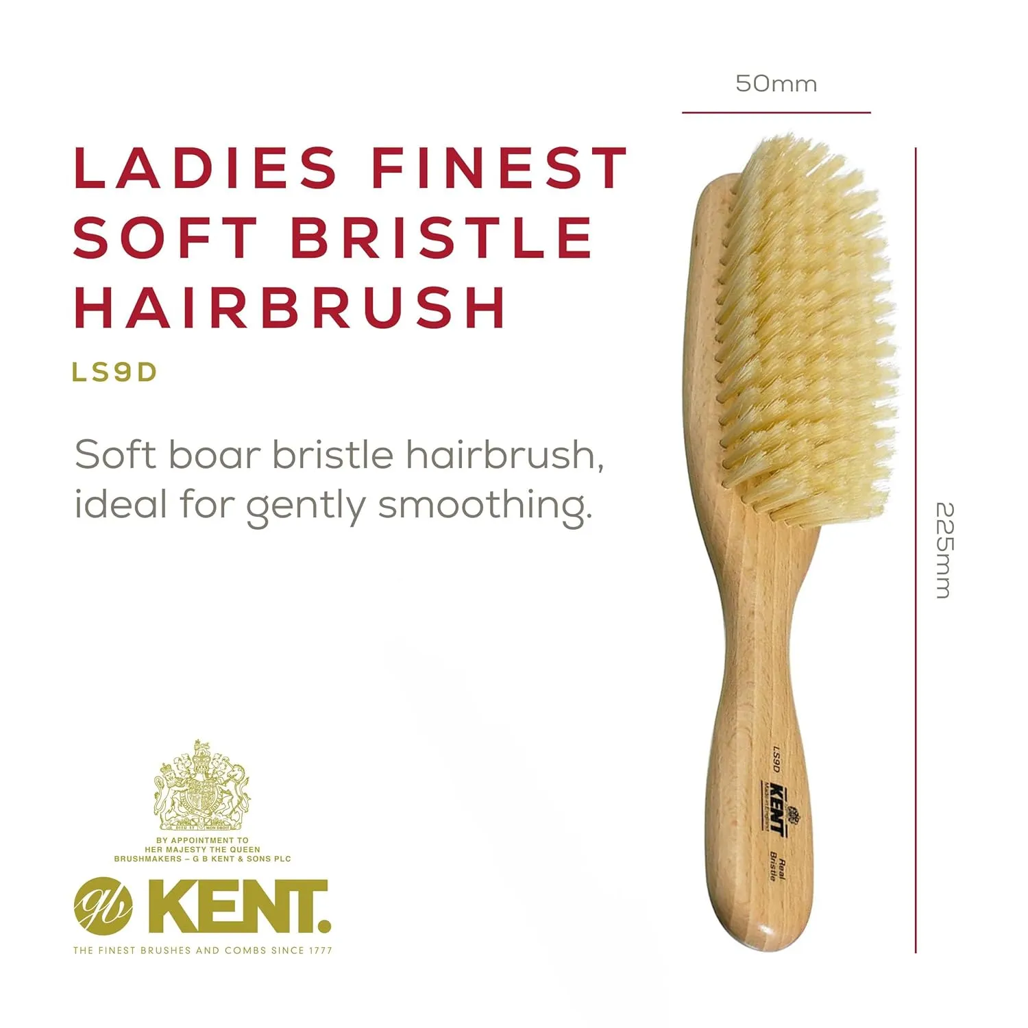 Kent LS9D Satinwood Hair Brush – Boar Bristle Brush for Thin Hair. Luxury Styling, Straightening, and Smoothing. Ideal for Women.