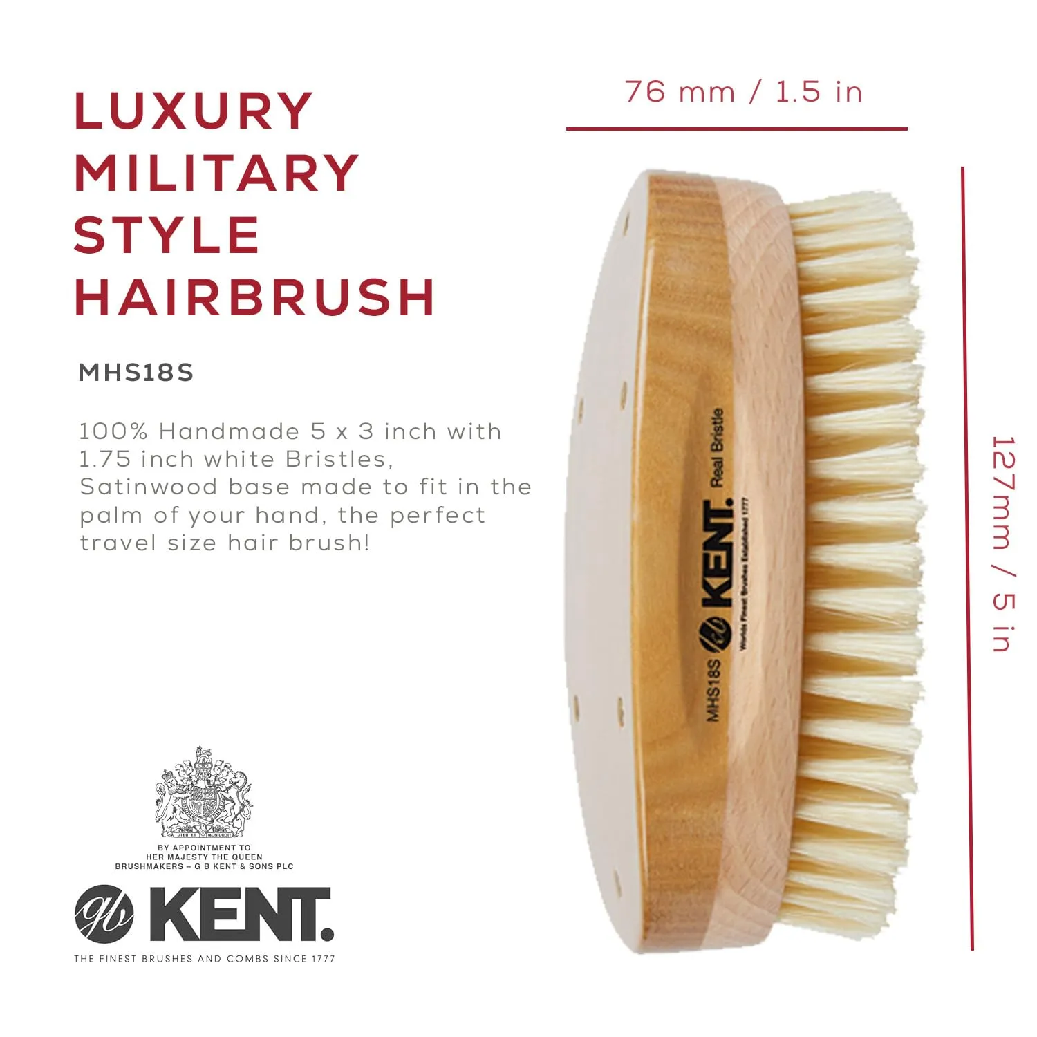 Kent MHS18 Mens Luxury Military Style Hair Brush, Wire-Laid 100% Pure White Natural Boar Bristle and Presentation Case Suitable For Daily Grooming Medium Thickness Hair. Handmade in England