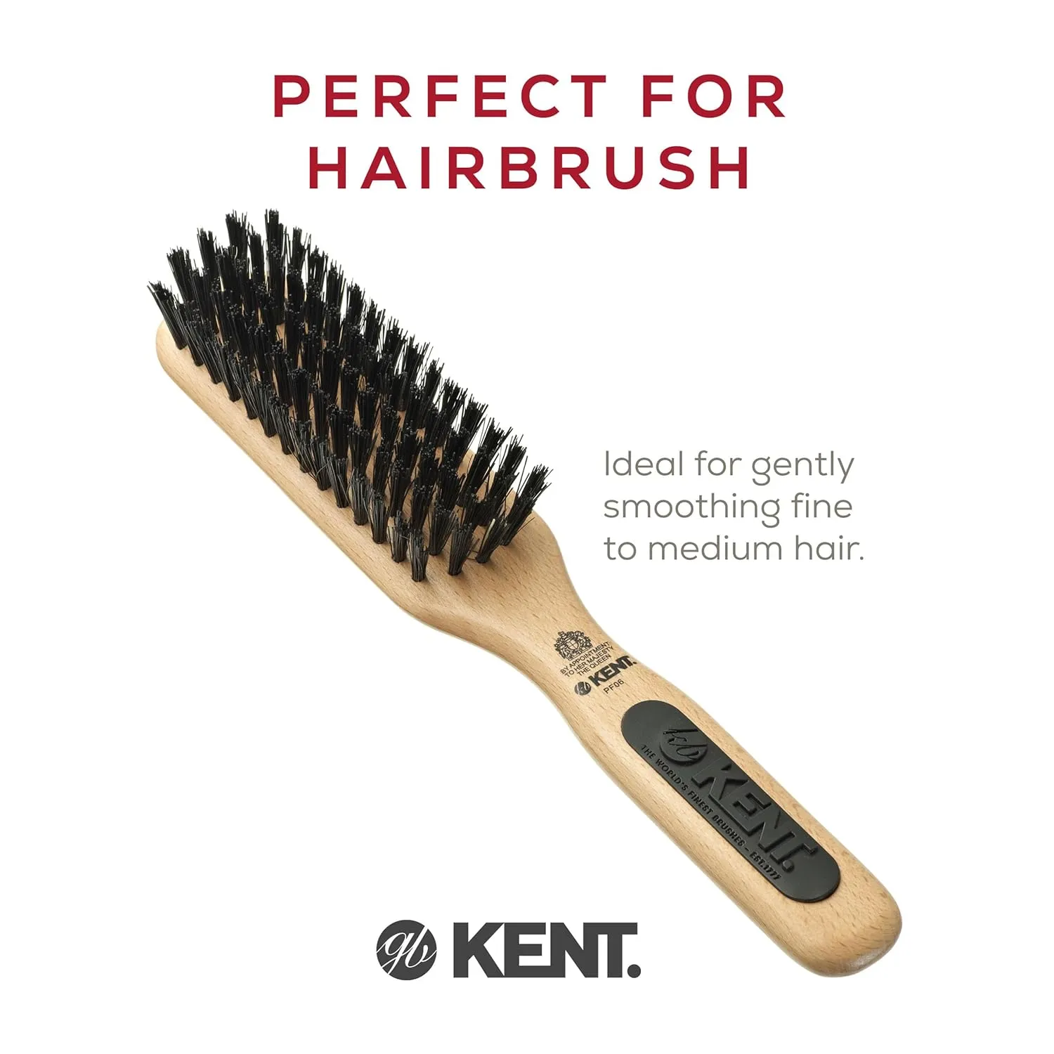 KENT PF06 Natural Wood Boar Bristle Hair Brush - Straightening Brush and Styling Brush for Short to Medium Length Hair - Natural Bristle Hair Brush, Travel Hair Brush, and Smoothing Brush