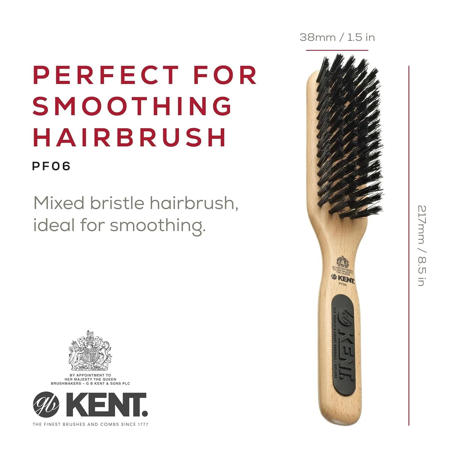 KENT PF06 Natural Wood Boar Bristle Hair Brush - Straightening Brush and Styling Brush for Short to Medium Length Hair - Natural Bristle Hair Brush, Travel Hair Brush, and Smoothing Brush