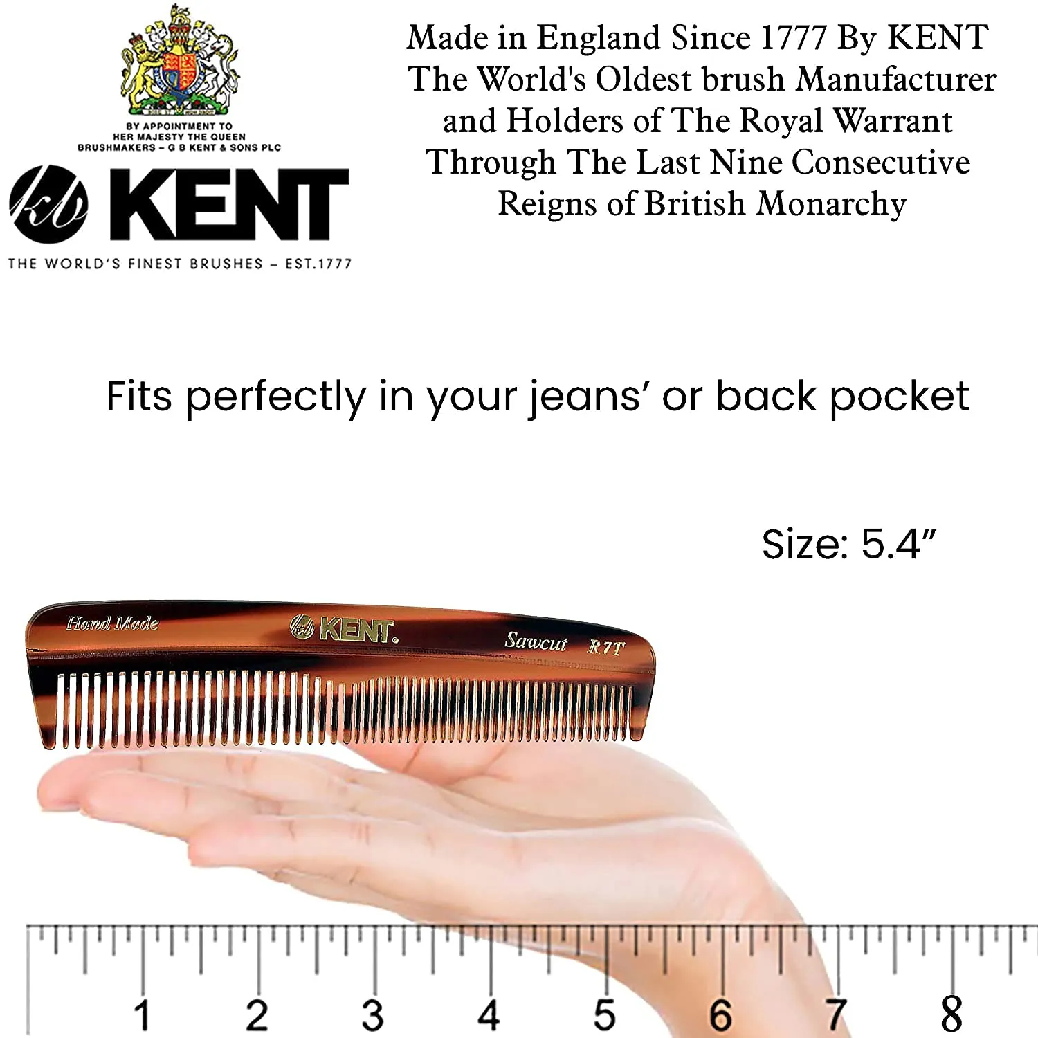 Kent R7T Fine and Wide Tooth Hair Comb, Handmade Pocket Comb for Men, Beard and Mustache Combs for Everyday Grooming and Styling, Sawcut Kent Combs, Made in England