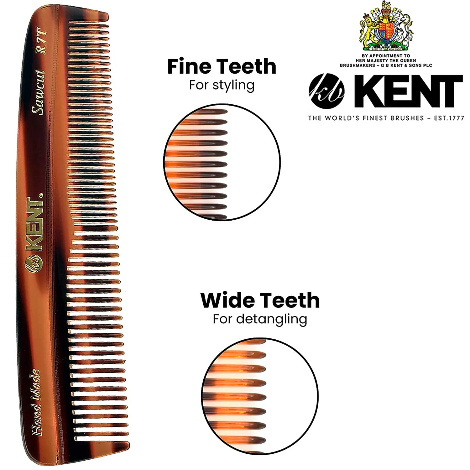 Kent R7T Fine and Wide Tooth Hair Comb, Handmade Pocket Comb for Men, Beard and Mustache Combs for Everyday Grooming and Styling, Sawcut Kent Combs, Made in England