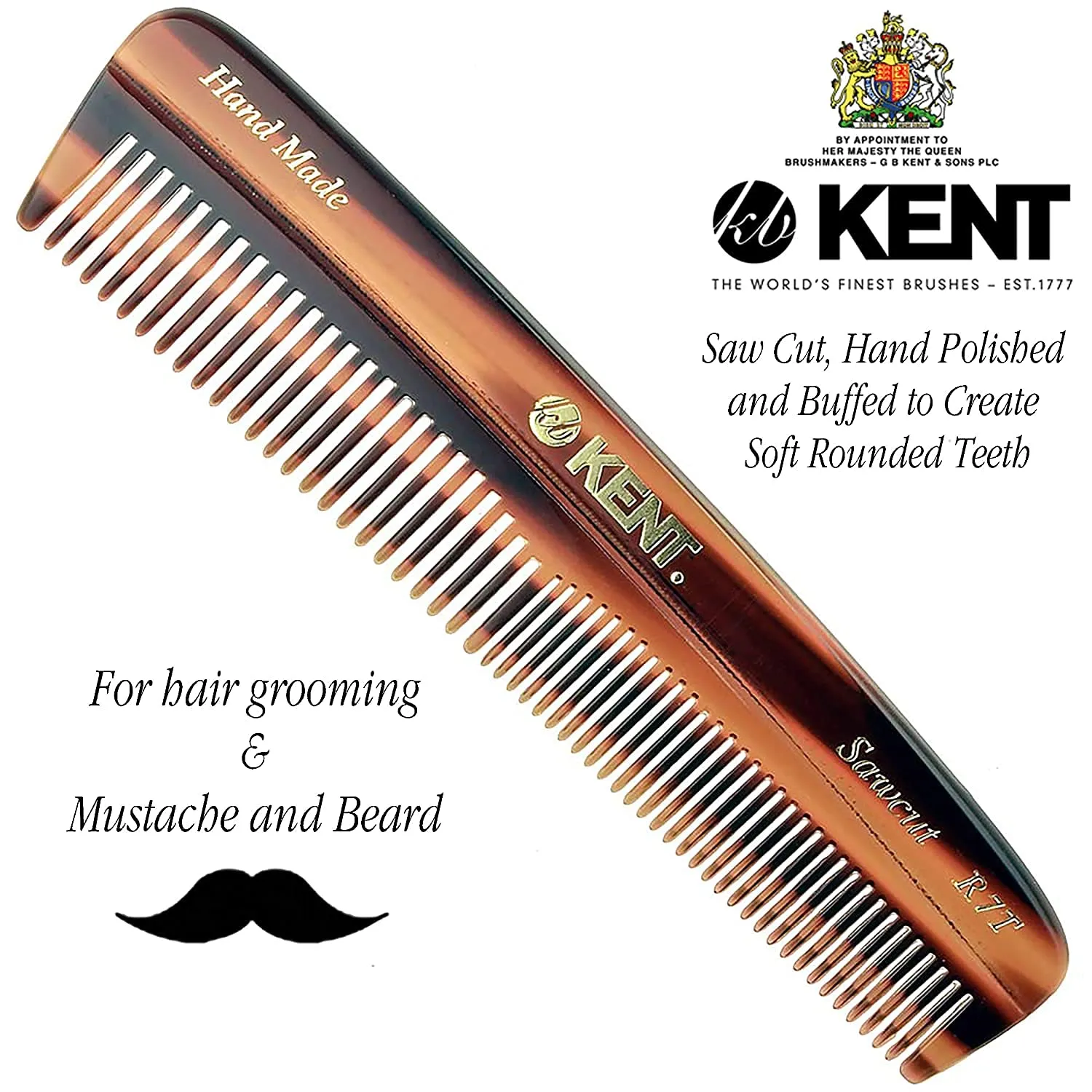 Kent R7T Fine and Wide Tooth Hair Comb, Handmade Pocket Comb for Men, Beard and Mustache Combs for Everyday Grooming and Styling, Sawcut Kent Combs, Made in England
