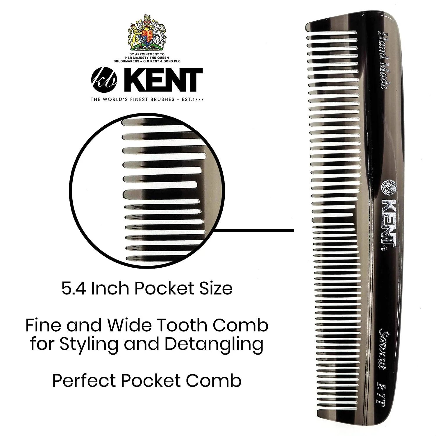 Kent R7T Fine and Wide Tooth Hair Comb, Handmade Pocket Comb for Men, Beard and Mustache Combs for Everyday Grooming and Styling, Sawcut Kent Combs, Made in England
