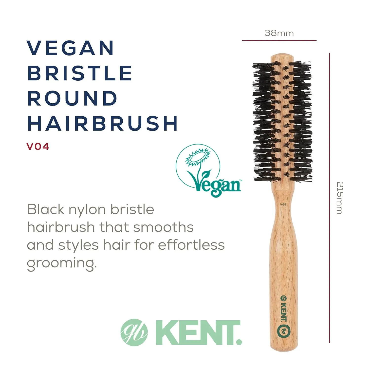 Kent V04 Vegan Boar Bristle Hair Brush - Eco-Friendly Round Blow Out Brush for Creating Curls, Adding Volume and Root Lift (45mm)