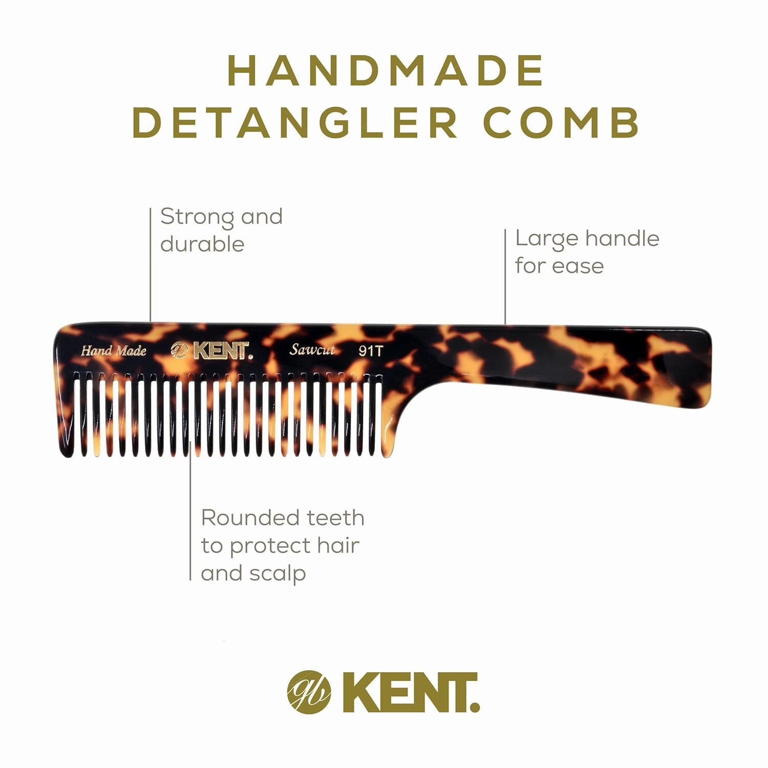 Kent 91TY Detangler Comb for Women - Wide Tooth Hair Comb for Curly and Wavy Hair, Wet Hair Comb, Large Handle Shower Comb for Effective Detangling