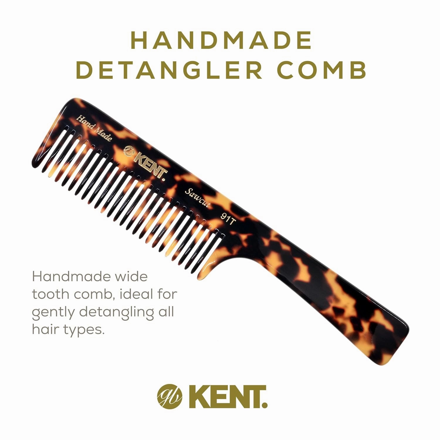 Kent 91TY Detangler Comb for Women - Wide Tooth Hair Comb for Curly and Wavy Hair, Wet Hair Comb, Large Handle Shower Comb for Effective Detangling
