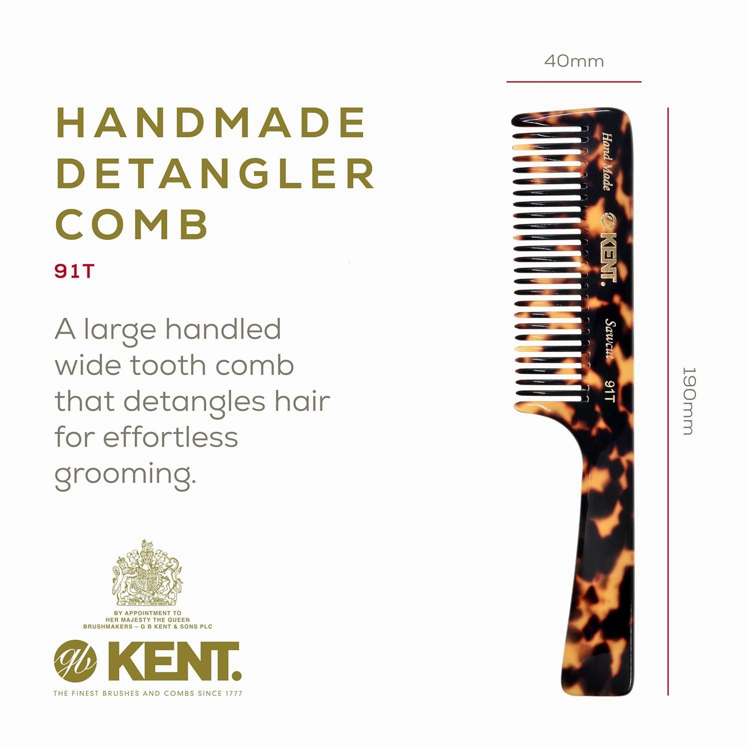 Kent 91TY Detangler Comb for Women - Wide Tooth Hair Comb for Curly and Wavy Hair, Wet Hair Comb, Large Handle Shower Comb for Effective Detangling