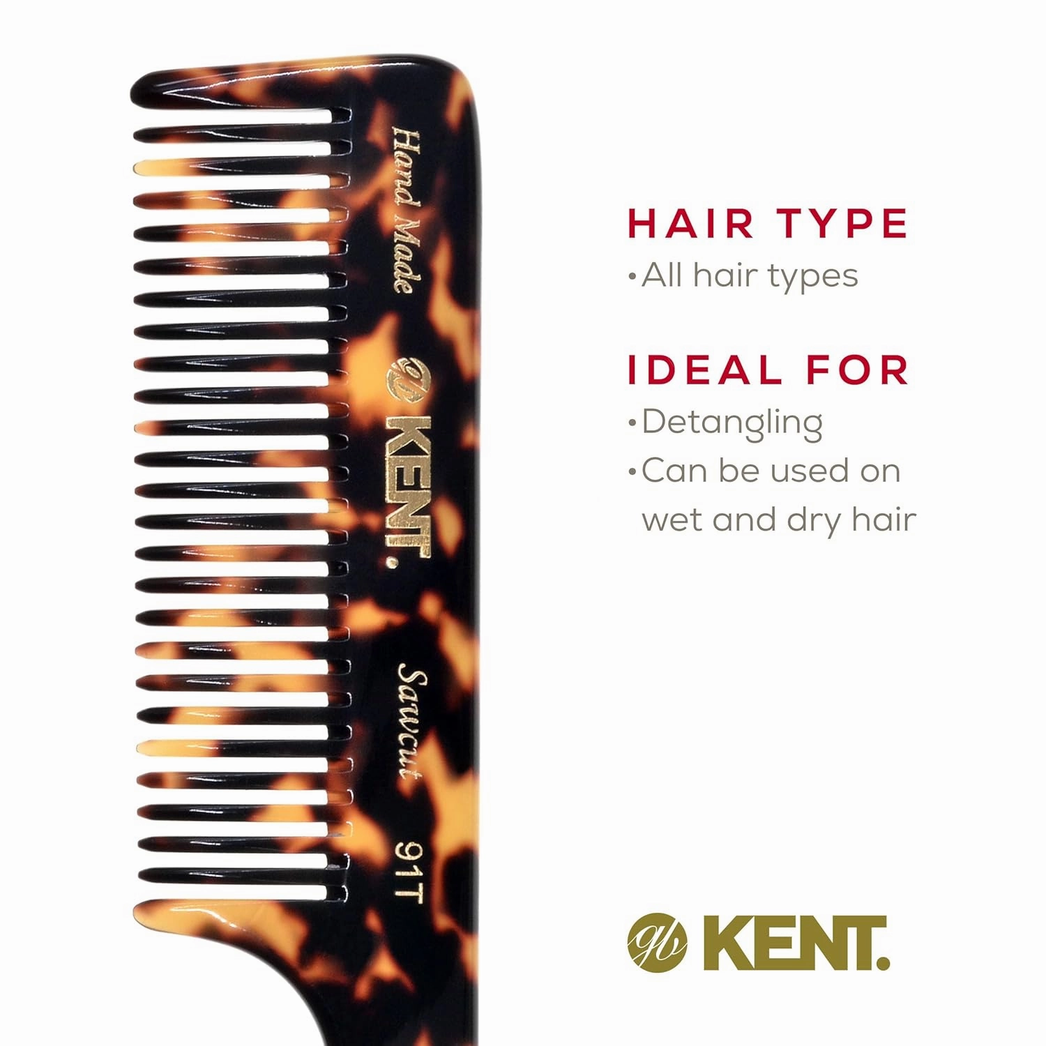 Kent 91TY Detangler Comb for Women - Wide Tooth Hair Comb for Curly and Wavy Hair, Wet Hair Comb, Large Handle Shower Comb for Effective Detangling