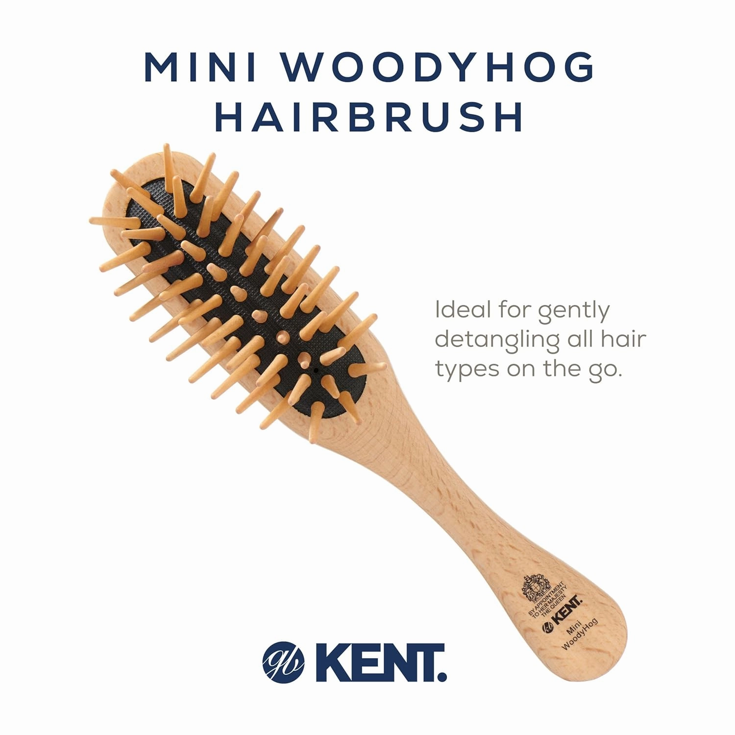 Kent KB MiniWoodyhog Travel Size Detangling Brush - Beech-Wood With Firm Rounded Wooden Bristles - Natural Cushion Detangler for Women, Men and Kids Everyday Hair Care - Made in England