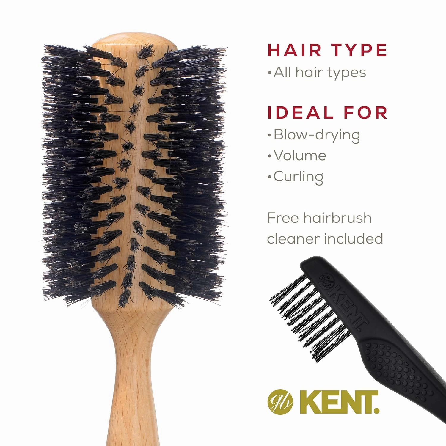 KENT LBR3 Finest Hair Brushes for Women Blow Dry Brush Made of Beechwood - Spiral Radial Boar Bristle Hairbrush for Long and Thick Hair - Royal Salon Style Straightening Pure Wood Brush