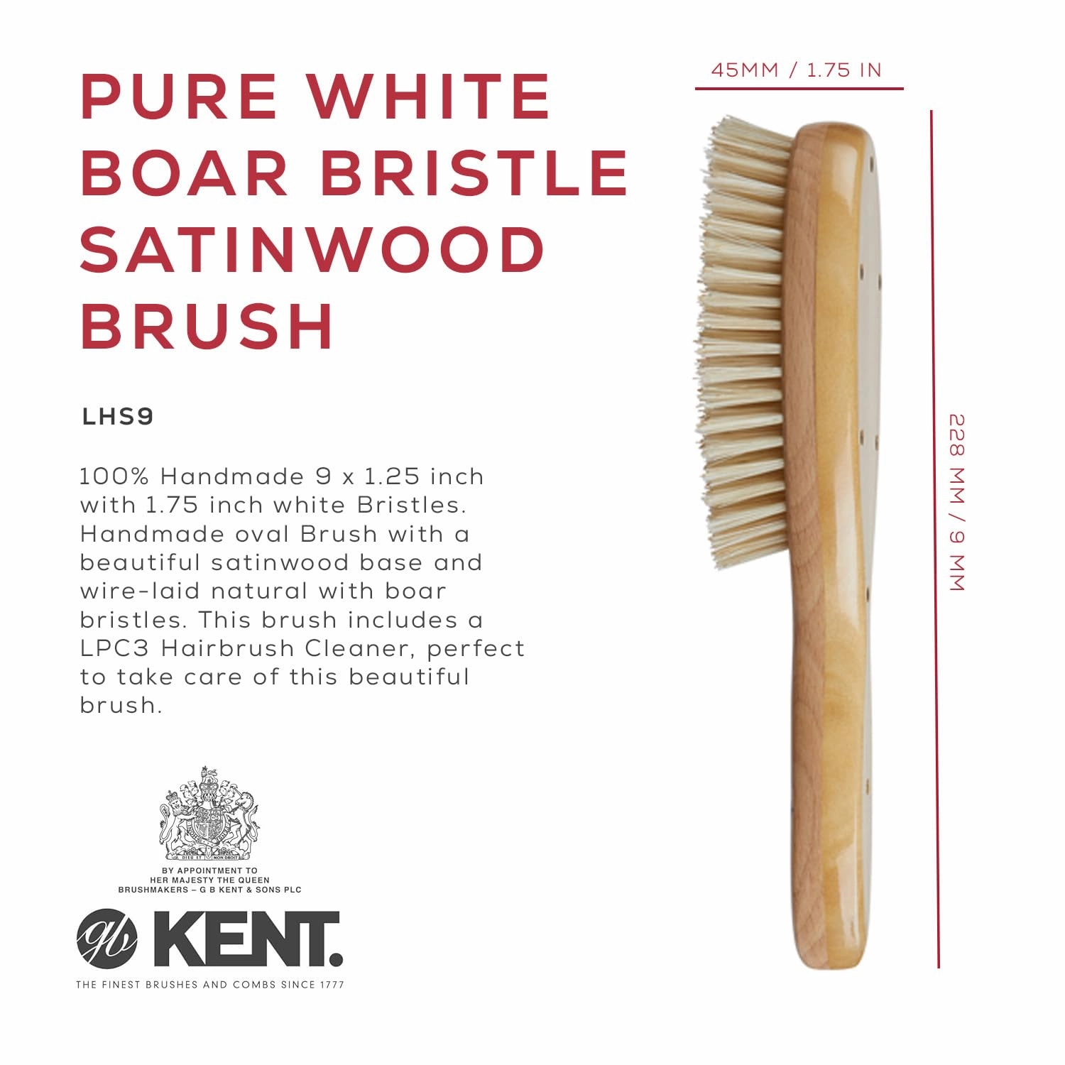 Kent LHS9 Satinwood Pure White Wire-Laid Natural Boar Bristle Oval Hairbrush in a Silk Lined Presentation Case for Daily Grooming Medium Thickness Hair and Promotes Natural Shine. Handmade in England