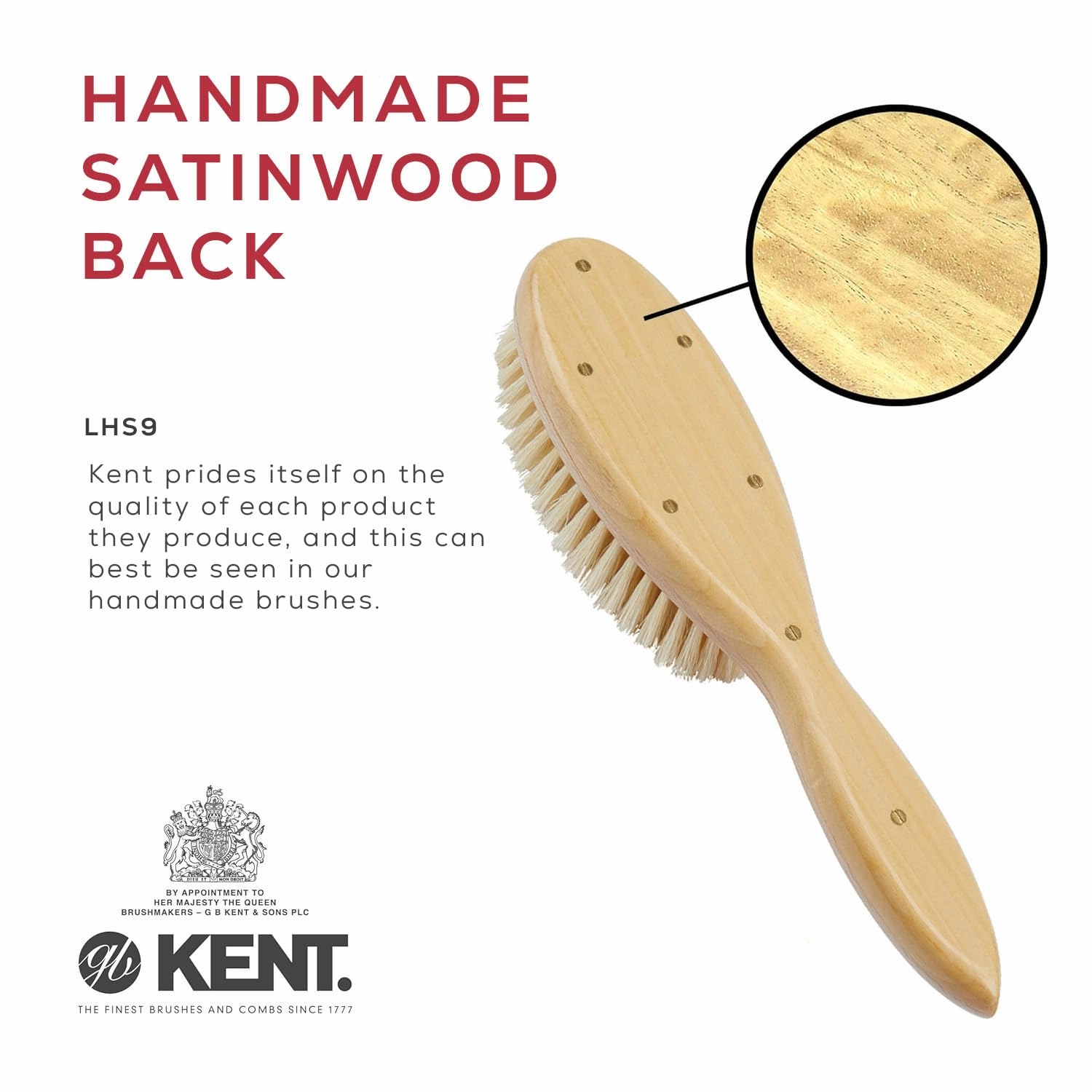 Kent LHS9 Satinwood Pure White Wire-Laid Natural Boar Bristle Oval Hairbrush in a Silk Lined Presentation Case for Daily Grooming Medium Thickness Hair and Promotes Natural Shine. Handmade in England