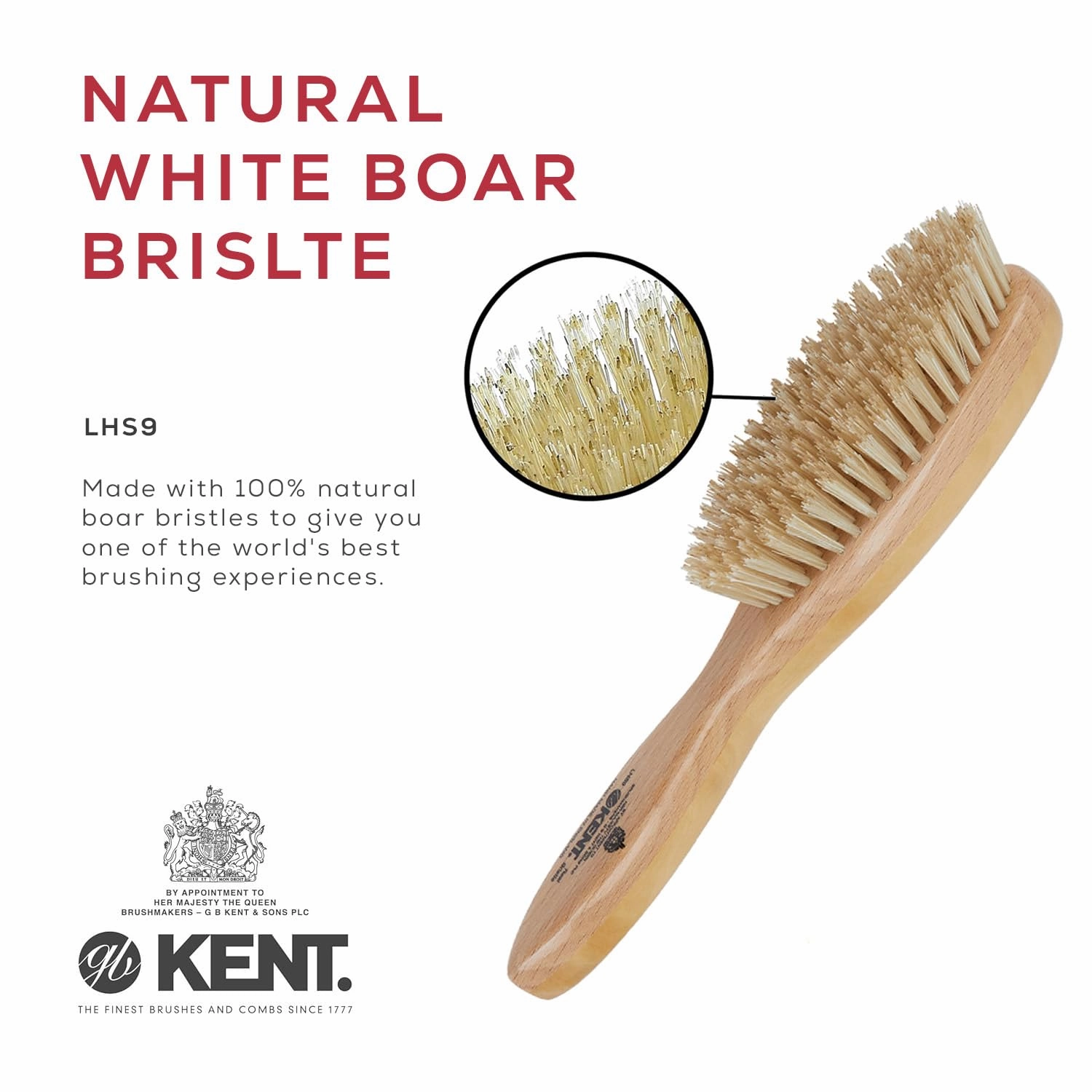 Kent LHS9 Satinwood Pure White Wire-Laid Natural Boar Bristle Oval Hairbrush in a Silk Lined Presentation Case for Daily Grooming Medium Thickness Hair and Promotes Natural Shine. Handmade in England