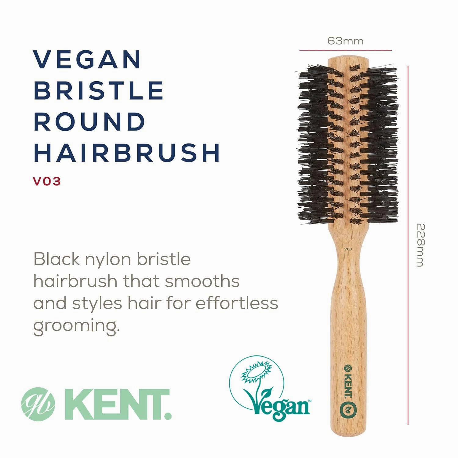 Kent V03 Vegan Boar Bristle Hair Brush, Eco Friendly Round Brush for Blow Outs and Creating Curls, Adding Volume and Root Lift (60mm)