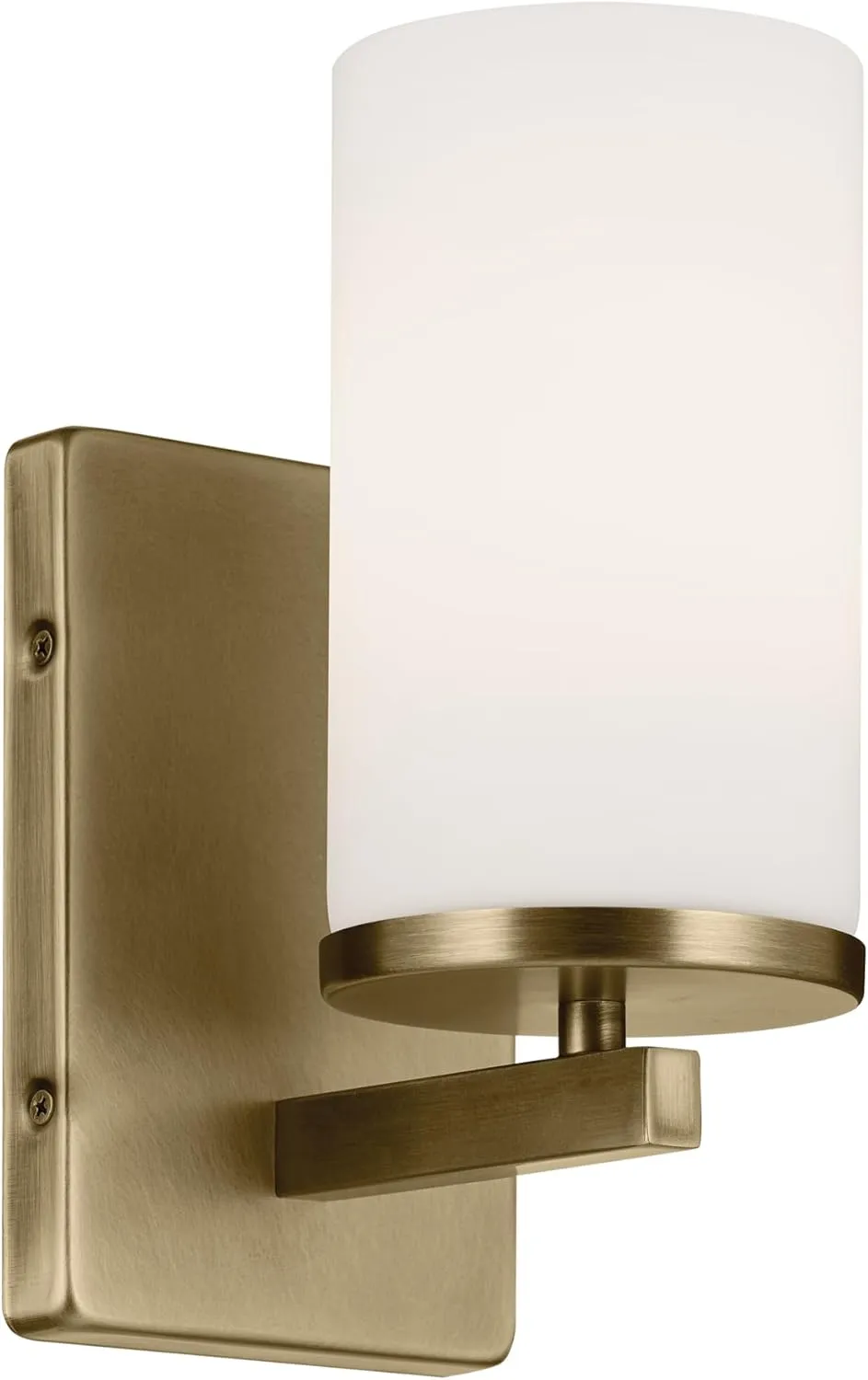 KICHLER Crosby 4.5" 1-Light Wall Sconce with Satin Etched Cased Opal Glass in Natural Brass, for Bathroom, Powder Room, Hallway, Kitchen, Bedroom, Fireplace, (4.5" x 9.25"), 45495NBR