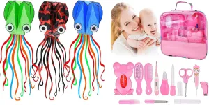 Kites for Kids Easy to Fly, 3 Pcs 3D Giant Octopus Kite Long Tail with 100M Kite String with Reel and Baby Healthcare and Grooming Kit, Baby Care Healthcare Kits for Girl