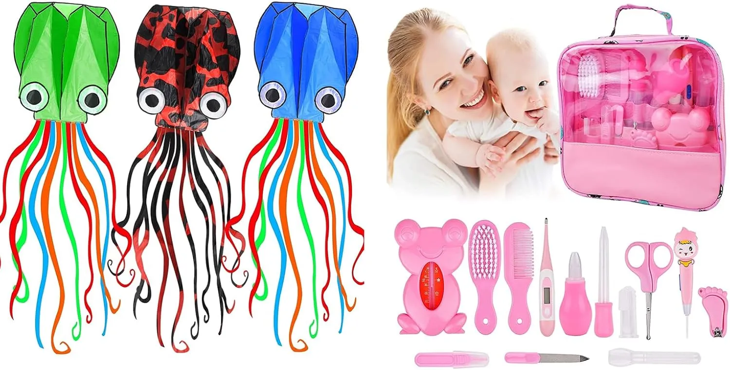 Kites for Kids Easy to Fly, 3 Pcs 3D Giant Octopus Kite Long Tail with 100M Kite String with Reel and Baby Healthcare and Grooming Kit, Baby Care Healthcare Kits for Girl