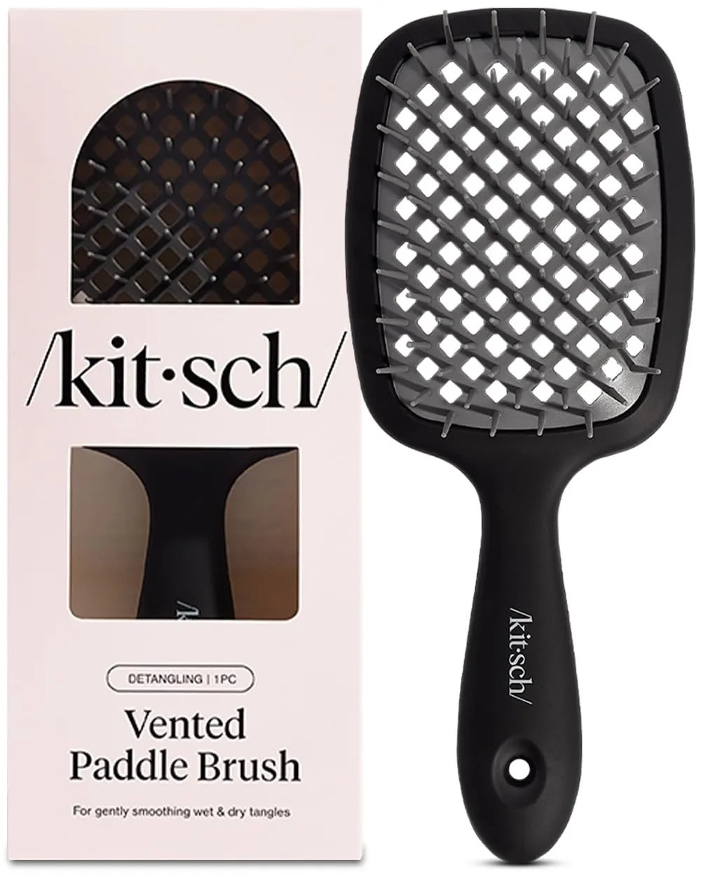 Kitsch Lightweight Vented Hair Brush Detangler for Women, Men & Toddlers - All Hair Types | Soft Bristle Hairbrush for Hair Care | Easy-to-Hold Hair Dryer Brush | Detangling & Blow Drying - Black