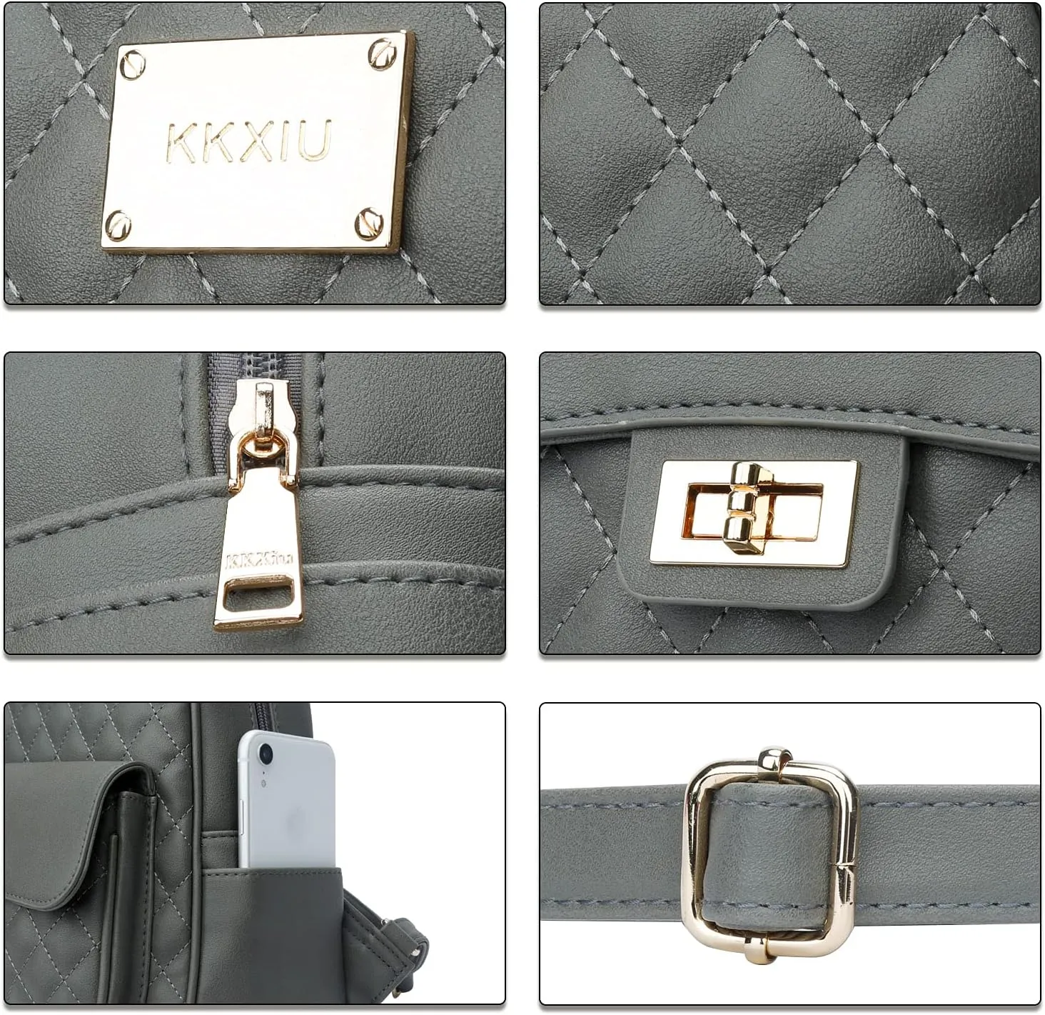 KKXIU Teen Girls Fashion 9"*11"Small Backpack Purse for Women and Ladies Quilted Synthetic Leather Mini Bookbag (a-grey)
