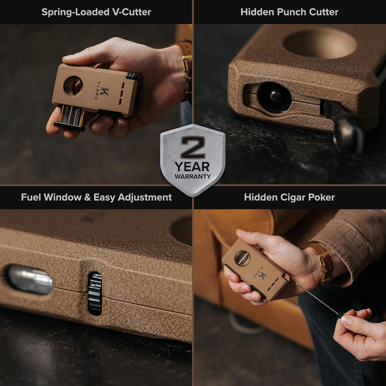 KLARO Double Torch Lighter and V-Cut Cutter, Spring-Loaded V-Cut, Swivel Protective Flame Cover, Hidden Poker, Gift-Ready with Silicone Sleeve, Coyote Brown Powder-Coated Finish, Cigar Lighter for Men
