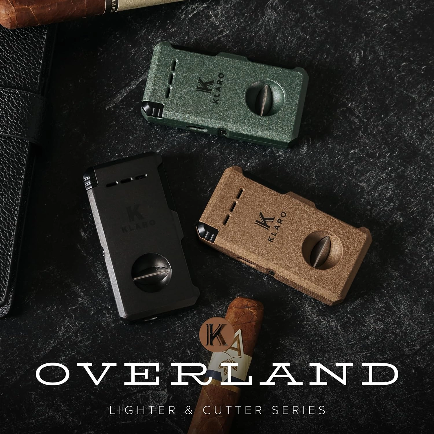 KLARO Double Torch Lighter and V-Cut Cutter, Spring-Loaded V-Cut, Swivel Protective Flame Cover, Hidden Poker, Gift-Ready with Silicone Sleeve, Coyote Brown Powder-Coated Finish, Cigar Lighter for Men