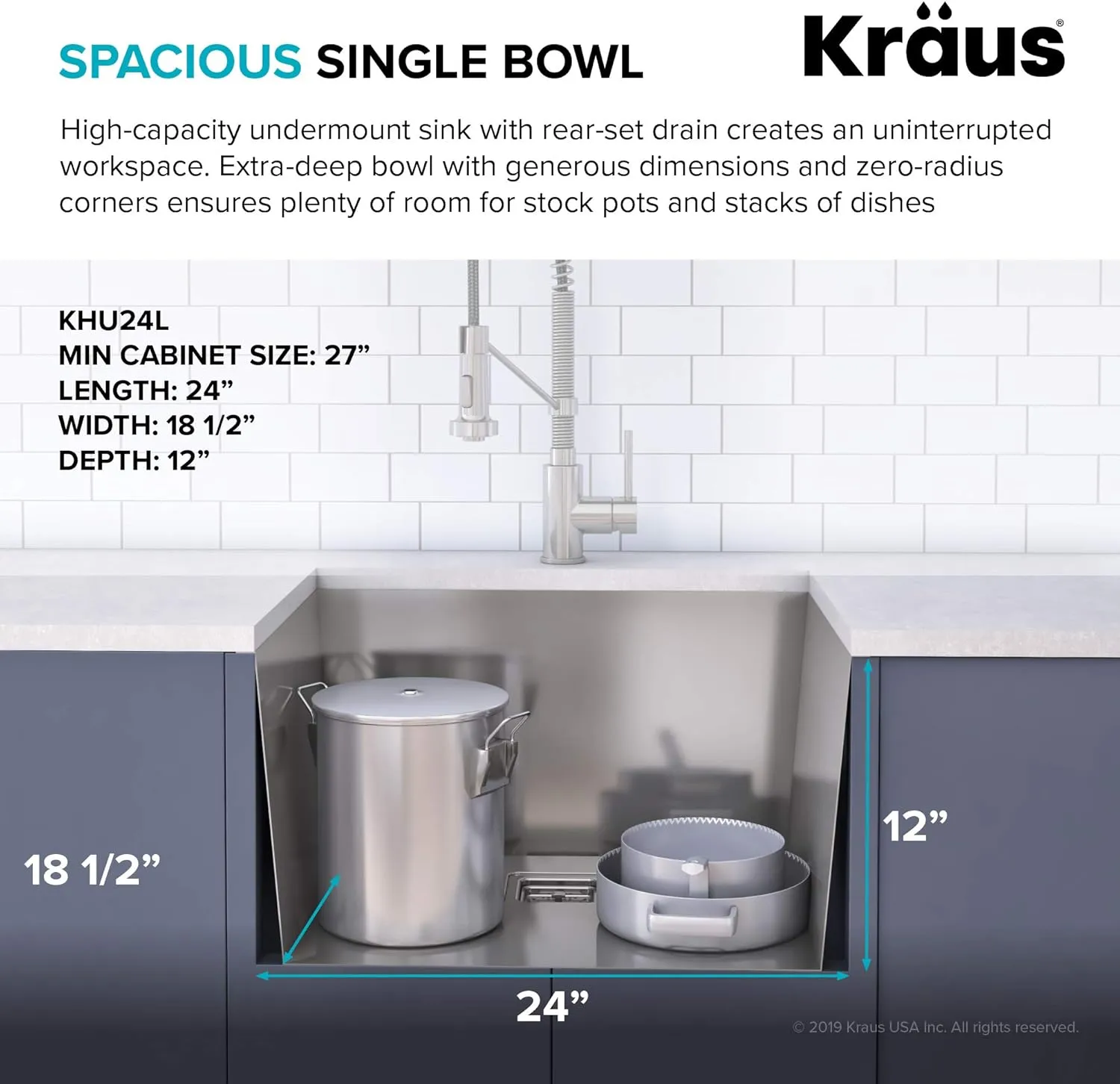 KRAUS Pax 24-inch 18 Gauge Undermount Single Bowl Stainless Steel Laundry and Utility Sink, KHU24L