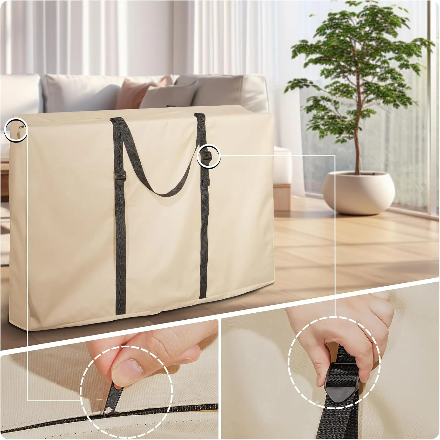Large Outside Folding Chair Storage Bag with Zipper and Handles, 600D Folding Chair Carry Bag for Zero Gravity Chair Cover, Portable Folding Lounge Chair Carrying Bags, 43" L x 11" W x 29" H (Beige)