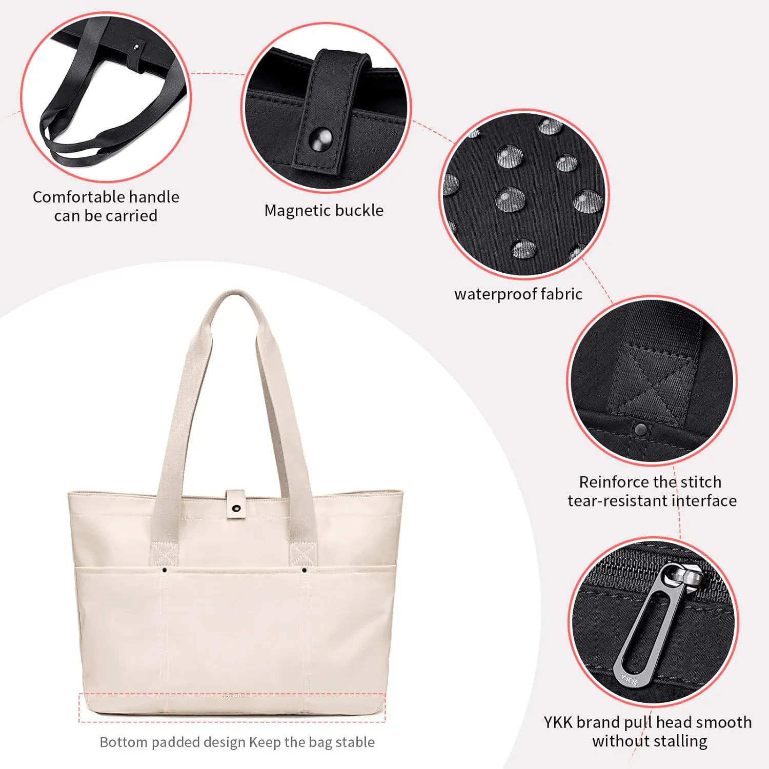 Large Tote Bag for Women, Foldable Tote Shoulder Bag with YKK Zip and Bottom Padded Design, 22L Handbag for Travel Work