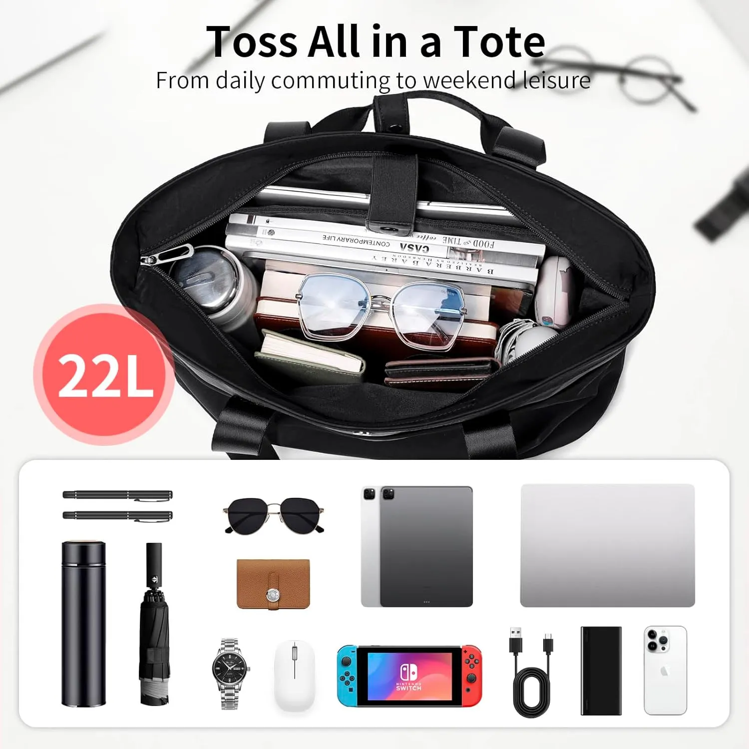 Large Tote Bag for Women, Foldable Tote Shoulder Bag with YKK Zip and Bottom Padded Design, 22L Handbag for Travel Work