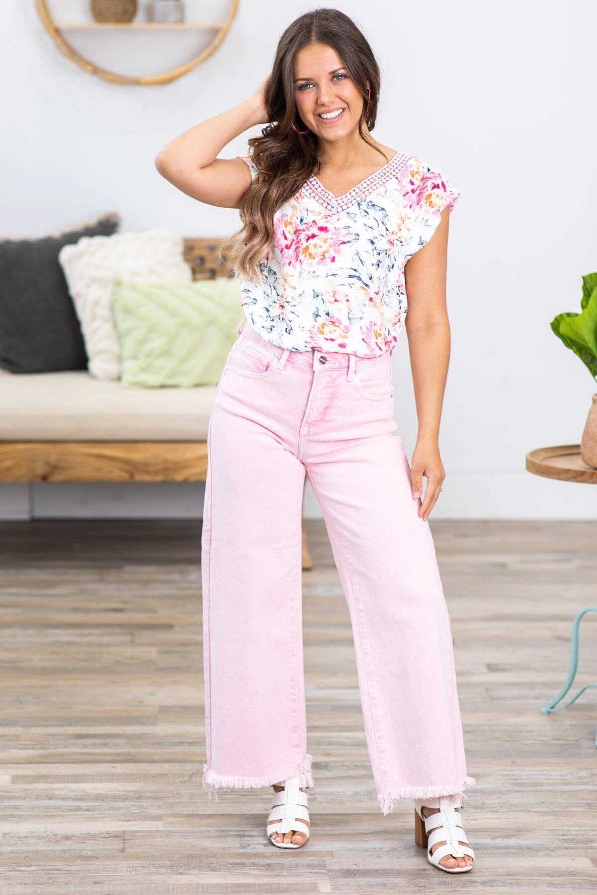 Lavender and Blush Floral Cap Sleeve Top