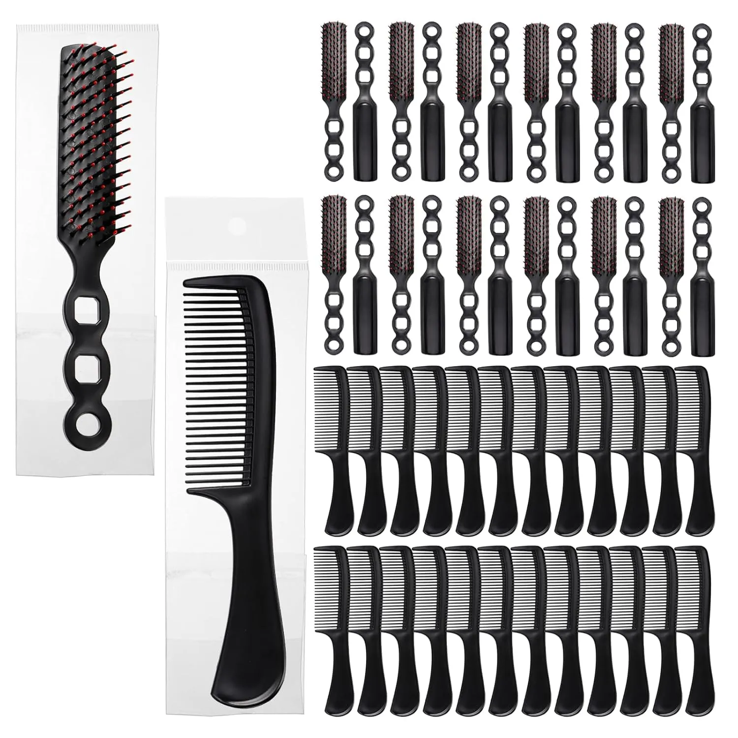 Lawei 48 Pcs Hair Brush Combs Set in Bulk for Homeless, Individually Wrapped Curly Thick Hair Brushes, Round Tooth Detangling Comb Cutting Hairdressing Comb for Men Women Hotel Nursing Charity, Black