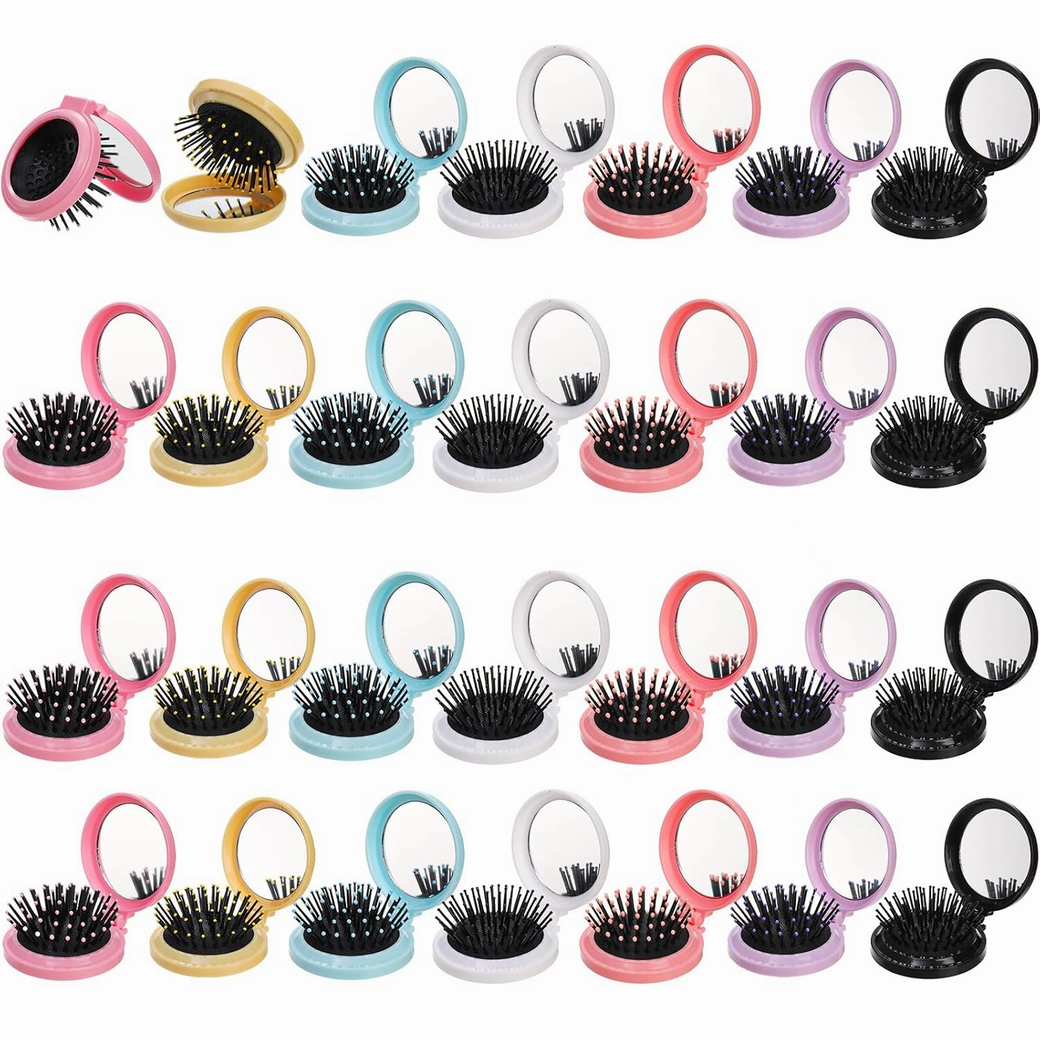 Lawei Folding Travel Hair Brushes with Mirror - Round Portable Pocket Brush, Mini Compact Hair Massage Comb for Purse, Colourful for Women Girls