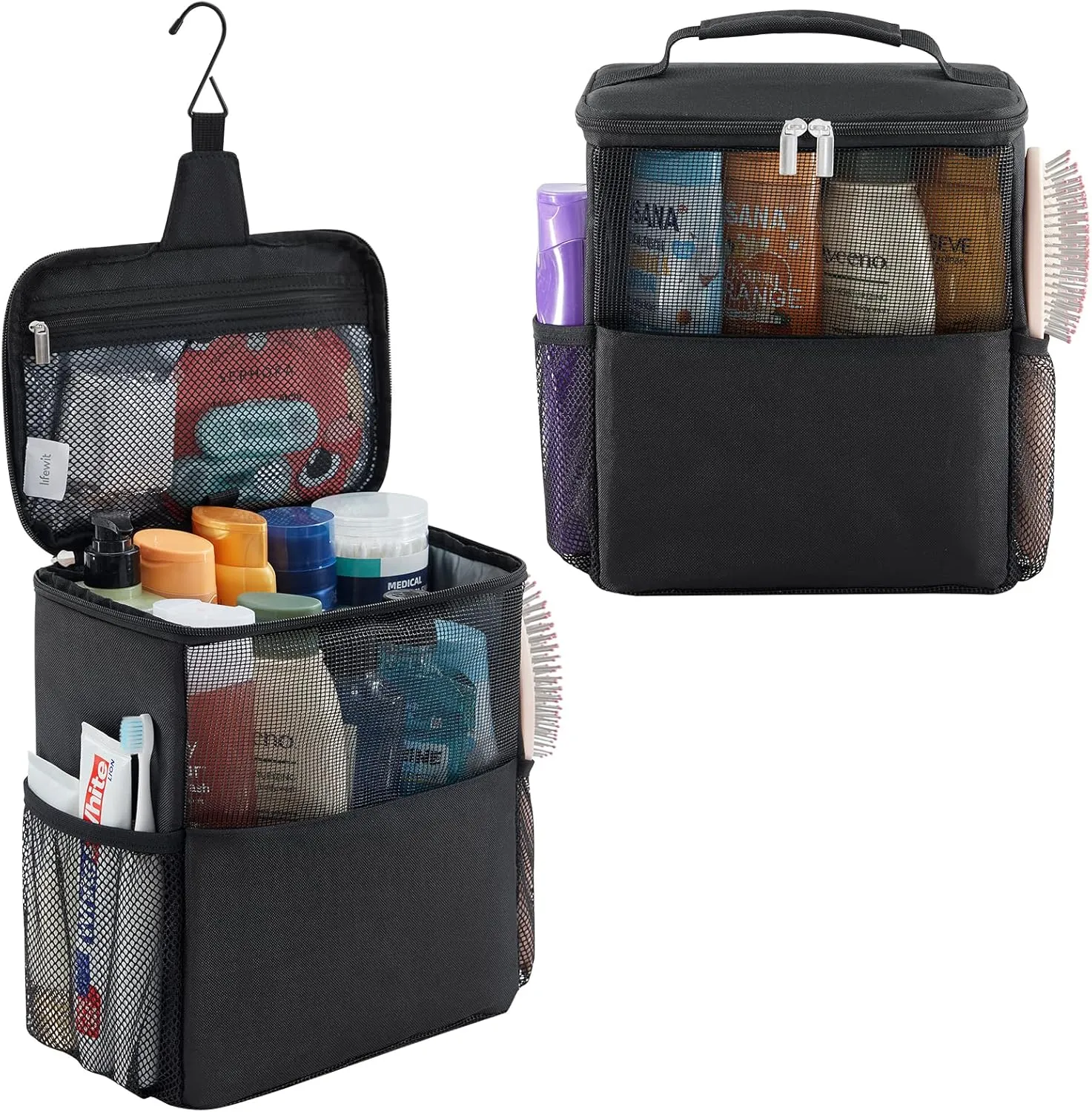 Lifewit Mesh Shower Caddy Bag Portable College Dorm Room Essentials Caddy Tote Basket for Bathroom, Gym, Travel, Camping Quick Dry Hanging Shower Organizer Toiletry Bag for Women Wen, Large, Black