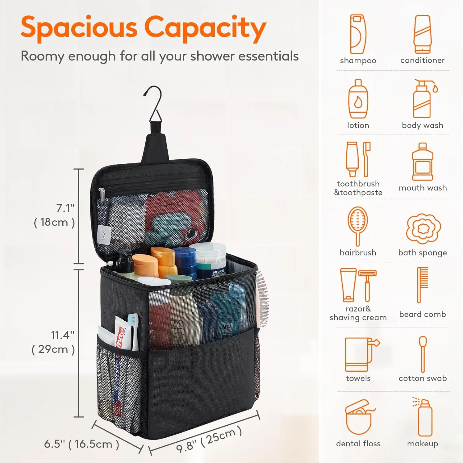 Lifewit Mesh Shower Caddy Bag Portable College Dorm Room Essentials Caddy Tote Basket for Bathroom, Gym, Travel, Camping Quick Dry Hanging Shower Organizer Toiletry Bag for Women Wen, Large, Black