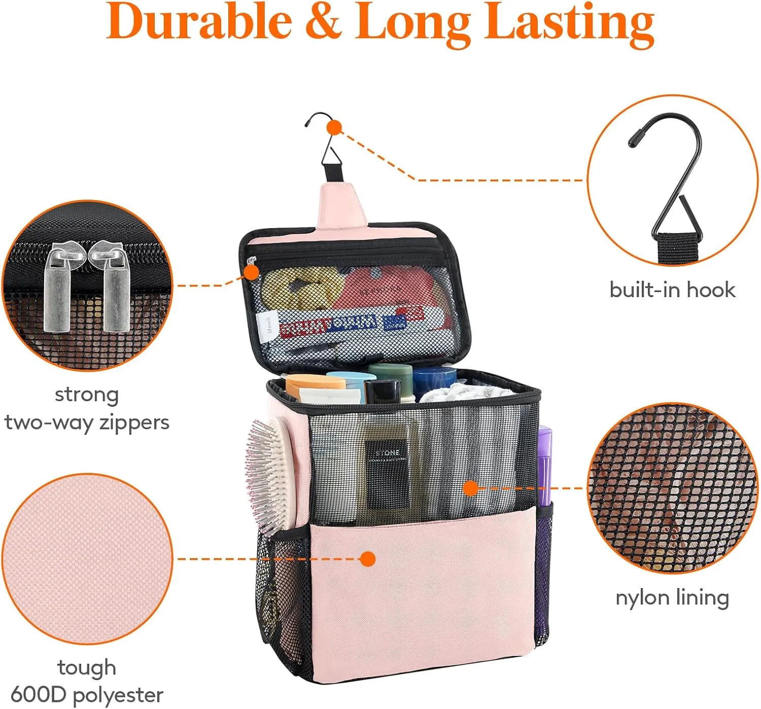 Lifewit Mesh Shower Caddy Bag Portable College Dorm Room Essentials Caddy Tote Basket for Bathroom, Gym, Travel, Camping Quick Dry Hanging Shower Organizer Toiletry Bag for Women Wen, Large, Pink