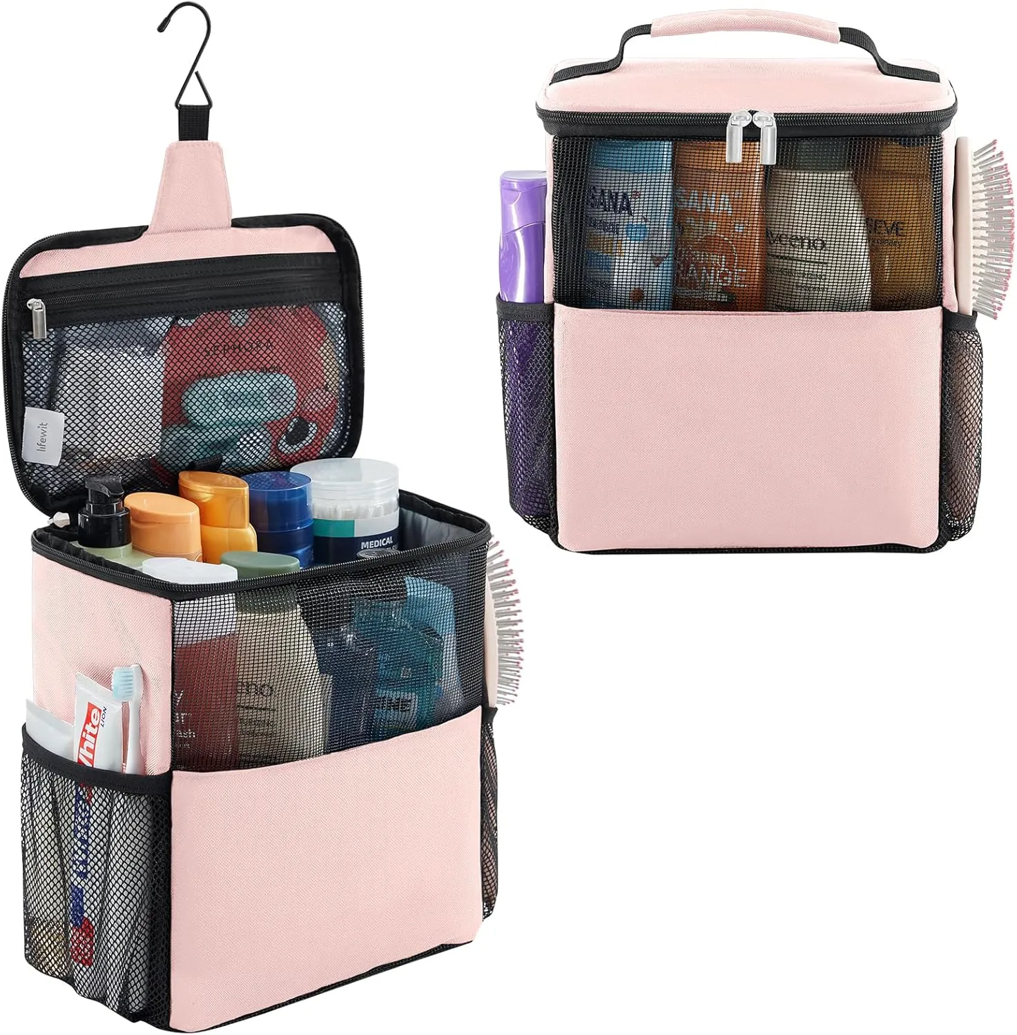 Lifewit Mesh Shower Caddy Bag Portable College Dorm Room Essentials Caddy Tote Basket for Bathroom, Gym, Travel, Camping Quick Dry Hanging Shower Organizer Toiletry Bag for Women Wen, Large, Pink