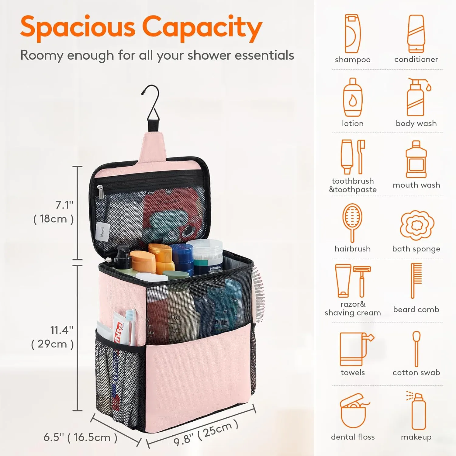 Lifewit Mesh Shower Caddy Bag Portable College Dorm Room Essentials Caddy Tote Basket for Bathroom, Gym, Travel, Camping Quick Dry Hanging Shower Organizer Toiletry Bag for Women Wen, Large, Pink