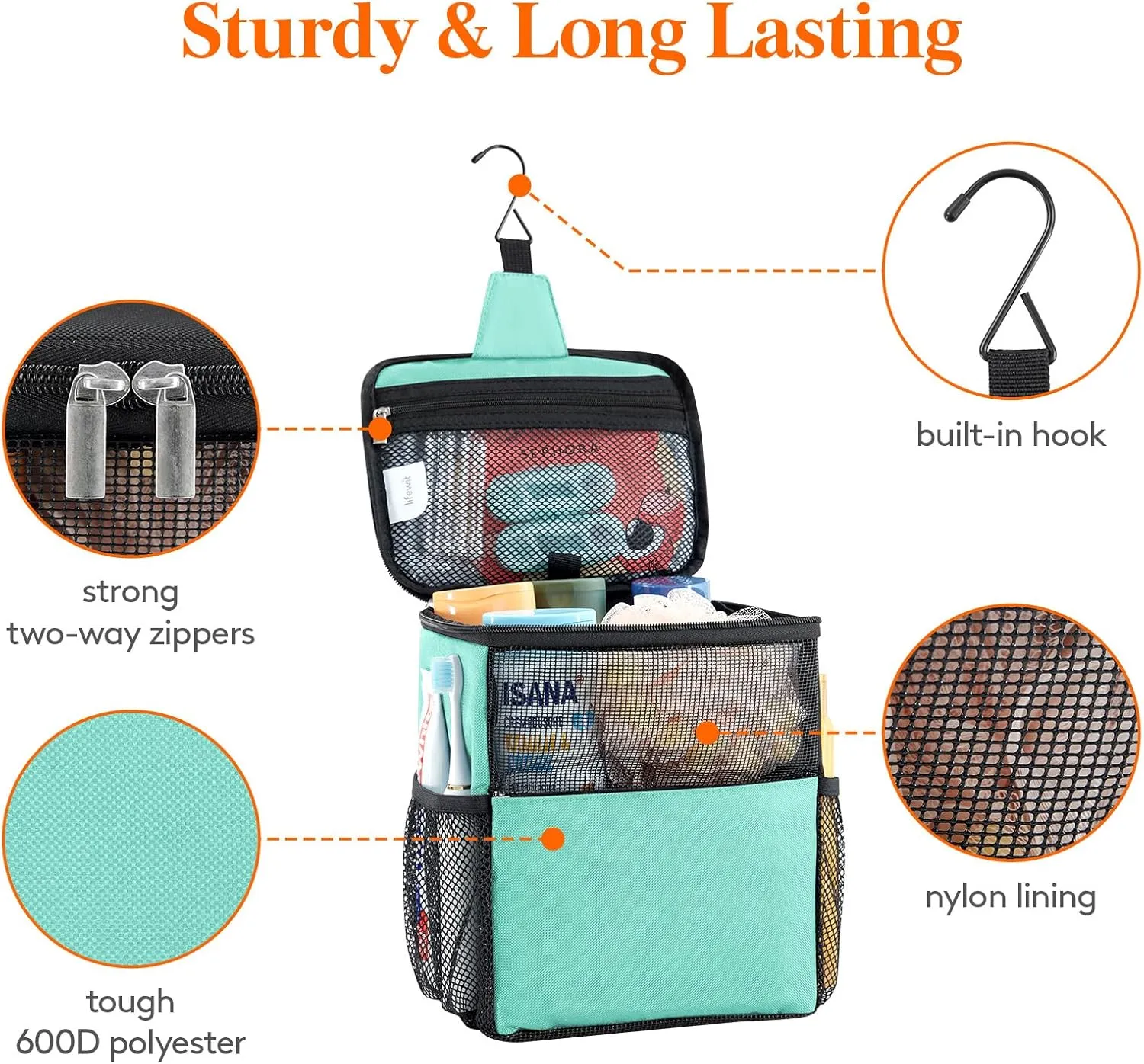 Lifewit Shower Bag Mesh Shower Caddy Portable College Dorm Room Essentials Tote Bag for Bathroom, Gym, Travel, Camping Quick Dry Hanging Shower Organizer Basket Toiletry Bag, Medium, Aqua