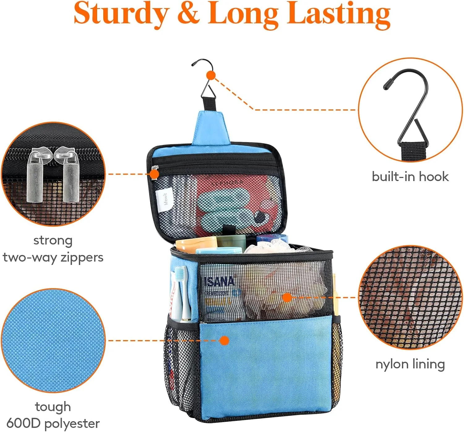 Lifewit Shower Bag Mesh Shower Caddy Portable College Dorm Room Essentials Tote Bag for Bathroom, Gym, Travel, Camping Quick Dry Hanging Shower Organizer Basket Toiletry Bag, Medium, Blue