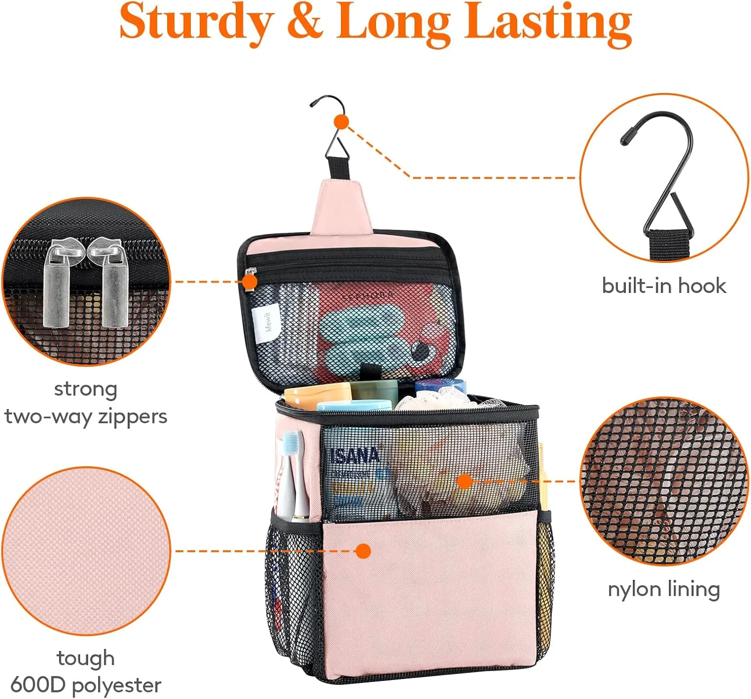 Lifewit Shower Bag Mesh Shower Caddy Portable College Dorm Room Essentials Tote Bag for Bathroom, Gym, Travel, Camping Quick Dry Hanging Shower Organizer Basket Toiletry Bag, Medium, Pink